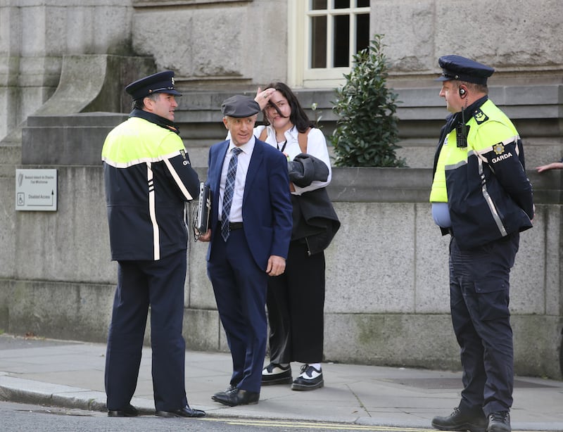 Kerry TD Michael Healy-Rae speaks to gardaí outside Leinster House on September 20th, 2023, the day of the protest. Photograph: Gareth Chaney/Collins