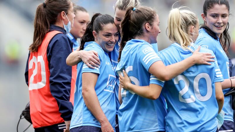 Dublin players celebrate the victory over Mayo at Croke Park. Photograph: Laszlo Geczo/Inpho