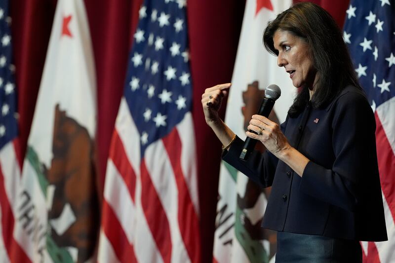 Republican presidential candidate Nikki Haley speaks during a campaign event in Los Angeles. Photograph: Damian Dovarganes/AP