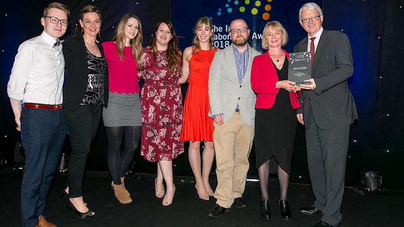 Matt Moran, Director, BioPharmaChem Ireland, presents the Academic or Research Laboratory of the Year award to Stanton Laboratory team.