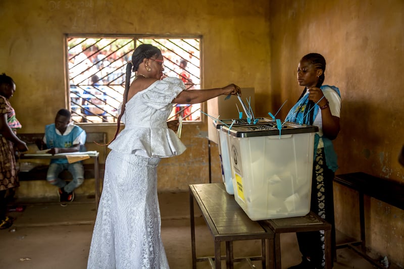 Marion Kamara, a first-time MP candidate for Freetown’s Western Area Rural District, voting on election day. Photograph: Sally Hayden