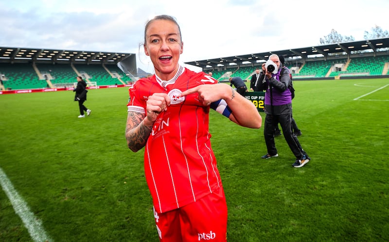 Shelbourne's Pearl Slattery celebrates winning The FAI Cup. Photograph: Ryan Byrne/Inpho