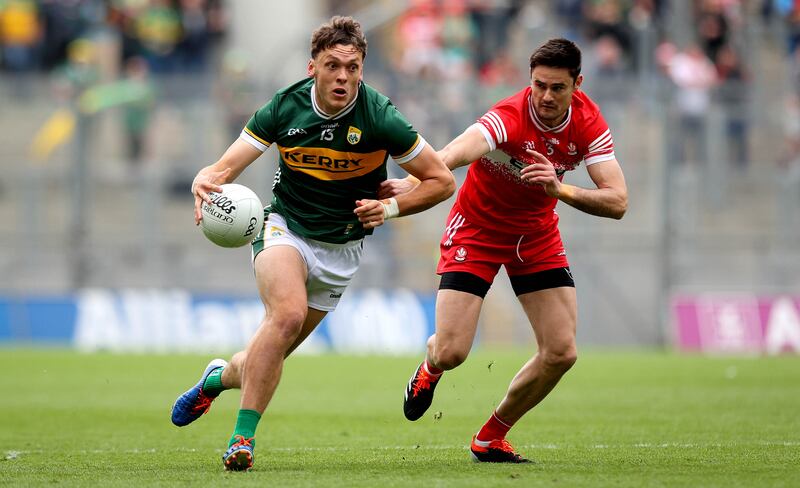 Kerry’s David Clifford gets away from Derry's Chrissy McKaigue at Croke Park. Photograph: Ryan Byrne/Inpho