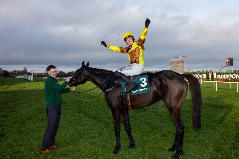 Paul Townend onboard Galopin Des Champs celebrates winning. Photograph: Morgan Treacy/Inpho 