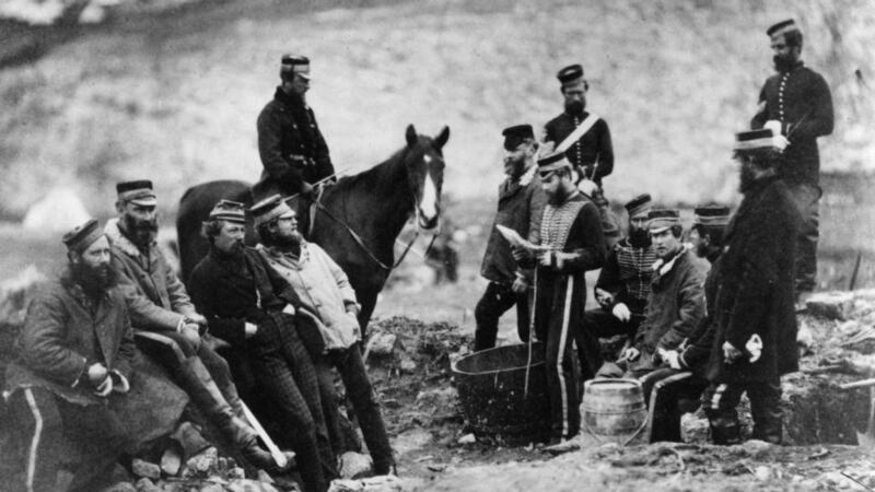 Officers and men of the 8th Hussars, the ‘King’s Royal Irish’, circa 1855, during the Crimean War. Photograph: Hulton Archive/Getty 