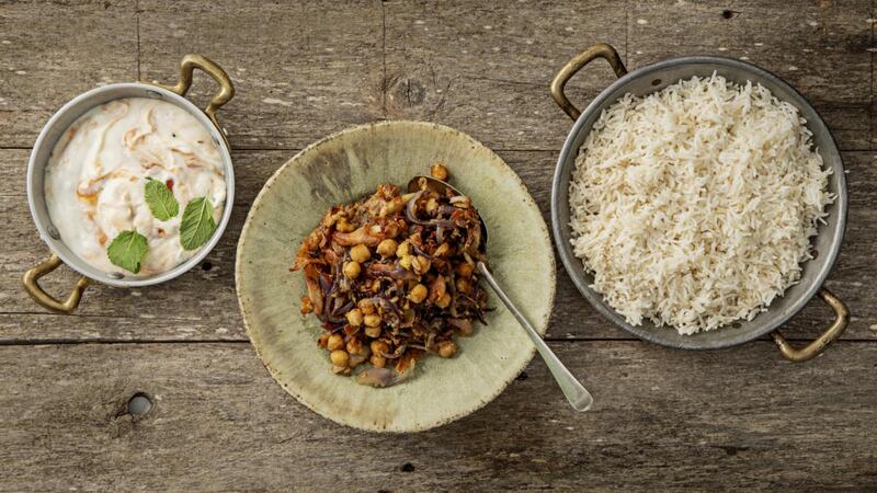 Baked rice, spiced frazzled chicken, chickpeas, mango yoghurt. Photograph: Harry Weir Photography