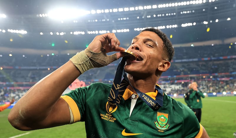 2023 Rugby World Cup Final, Stade de France, Paris, France 28/10/2023 
New Zealand vs South Africa 
South Africa’s Kurt-Lee Arendse celebrates with his gold medal
Mandatory Credit ©INPHO/Dan Sheridan 