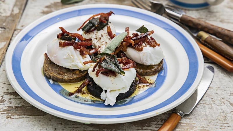 Poached eggs, black and white pudding, sage brown butter. Photograph: Harry Weir