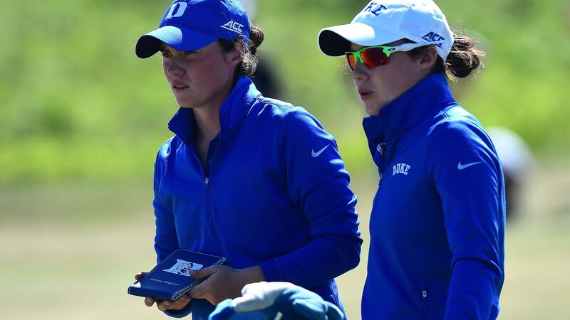 The Maguire sisters in their Duke gear during day three of the 2017 Ladies British Open Amateur Championship. Photo: Richard Martin-Roberts/R&A/R&A via Getty Images