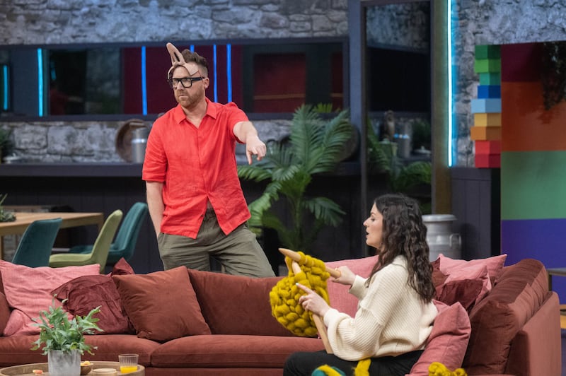 LOL Ireland’s Jason Byrne and Aisling Bea: Bea used the set’s giant knitting needles to stop herself from laughing. Photograph: Kite Entertainment/Prime Video