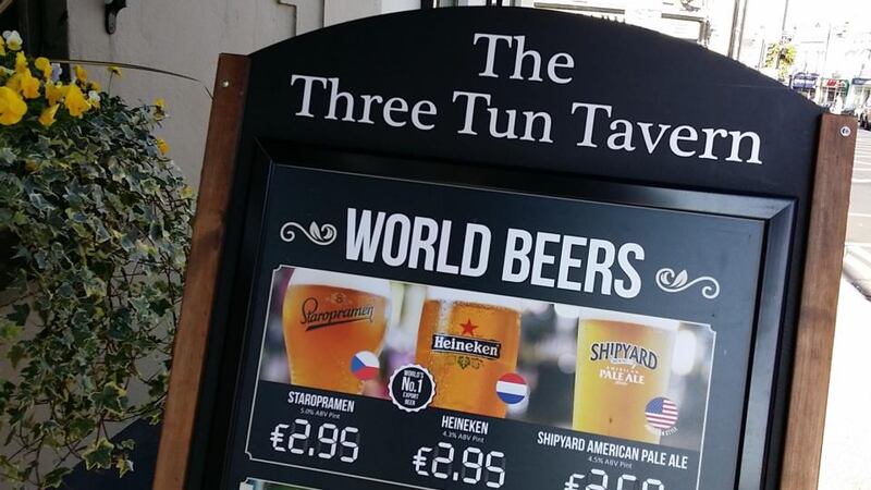 Sign outside the Three Tun Tavern in Blackrock Co Dublin, a Wetherspoon pub, showing discounted beer prices. Photograph: Frank Miller