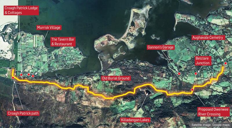 Route of Clew Bay Greenway through the foothills and commonage lands of Croagh Patrick in Co Mayo.