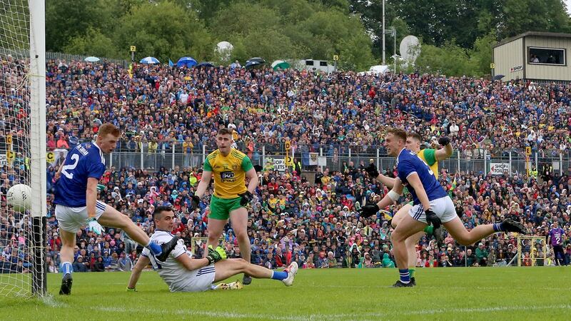 Donegal’s Jamie Brennan scores his side’s opening goal in the 2019 Ulster Final against Cavan  at  St Tiernach’s Park in Clones. Photograph: James Crombie/Inpho