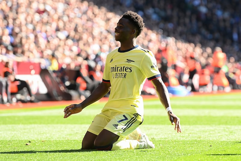 Bukayo Saka celebrates after scoring against Aston Villa last season. Photograph: Michael Regan/Getty