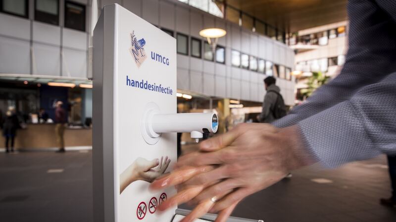 An antiseptic gel dispenser at the University Medical Center in Groningen, the Netherlands. The facility is the major hub of medical care in the northern Netherlands. Photograph: Vincent Jannink/ANP/AFP via Getty