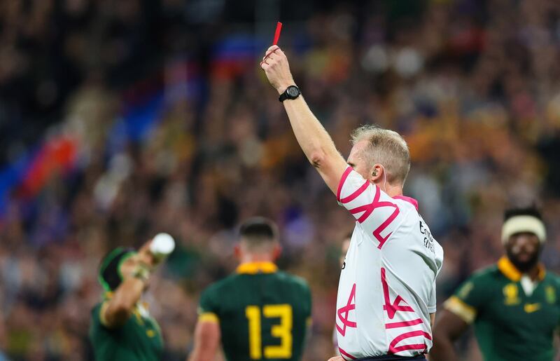 Referee Wayne Barnes issues a red card to New Zealand's Sam Cane during the World Cup final defeat to South Africa at the Stade de France, Paris. Photograph: James Crombie/Inpho 