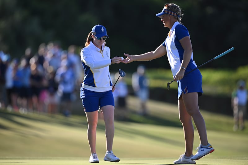 Leona Maguire and Anna Nordqvist in action for Team Europe during the 2023 Solheim Cup in Casares, Spain. Photograph: Stuart Franklin/Getty Images