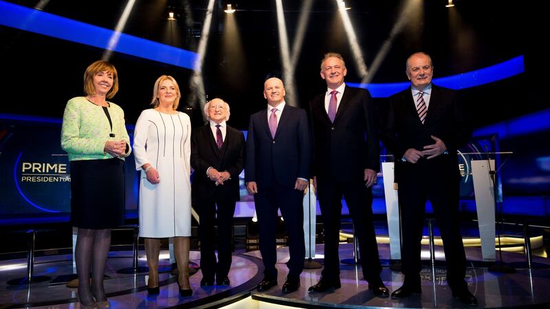 Presidential candidates Senator Joan Freeman, MEP Liadh Ni Riada, current President Michael D Higgins,and entrepreneurs Sean Gallagher, Peter Casey and Gavin Duffy, pictured during the final TV debate this week. Photograph: Tom Honan/The Irish Times.