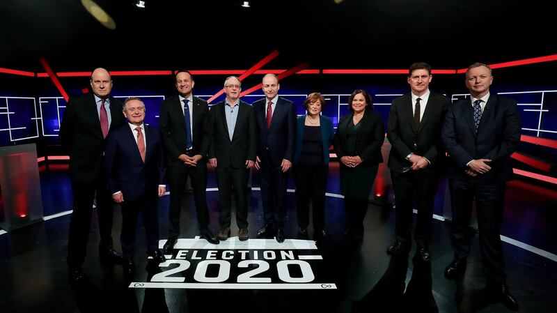 The Tonight Show Leaders’ Debate in 2020 featured presenter Ivan Yates, then Labour leader Brendan Howlin, then Taoiseach Leo Varadkar, Solidarity/People Before Profit’s Mick Barry, Fianna Fáil leader Micheál Martin, Social Democrats co-leader Catherine Murphy, Sinn Féin leader Mary Lou McDonald, Green Party leader Eamon Ryan and presenter Matt Cooper. Photograph: Maxwell Photography