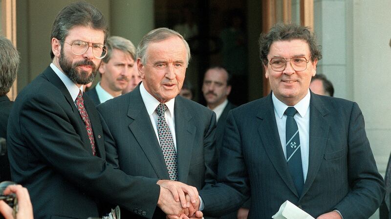 Taoiseach Albert Reynolds shakes hands with Sinn Féin leader Gerry Adams and SDLP leader John Hume outside Government Buildings after a discussion of ways to advance the peace process following the IRA’s ceasefire announcement of August 31st, 1994. Photograph: Matt Kavanagh/The Irish Times