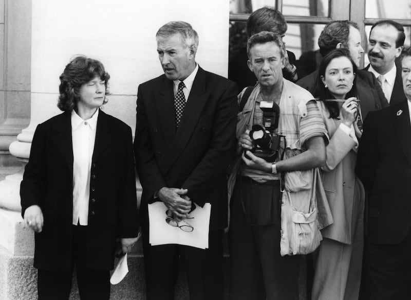 Mary Kerrigan (second from right) as a reporter in September 1994, covering the Hume/Adams peace process talks at Government Buildings; also pictured are, from left, Sinn Féin press secretary Rita O'Hare, Government press secretary Sean Duignan and photojournalist Tom Conachy. Photograph: Eamonn Farrell/RollingNews.ie