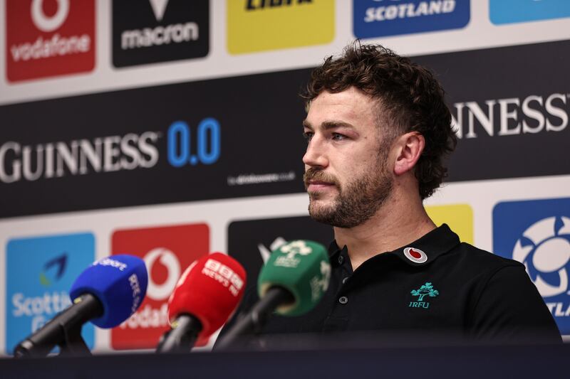 Ireland captain Caelan Doris speaks to the media after his captain's run at Murrayfield on Saturday. Photograph: Ben Brady/Inpho