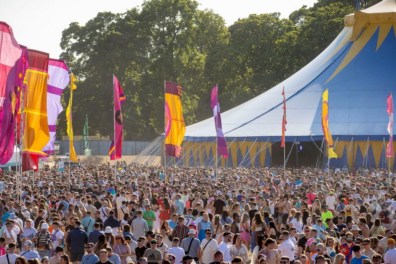 Crowds make their way about the arena amid fantastic weather in front of the big top at Forbidden Fruit 2023 on Sunday. Photograph: Tom Honan