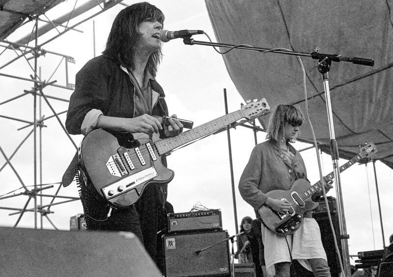 Ana da Silva and Gina Birch of The Raincoats performing at Alexandra Palace in London, 1980. Photograph: David Corio/Redferns