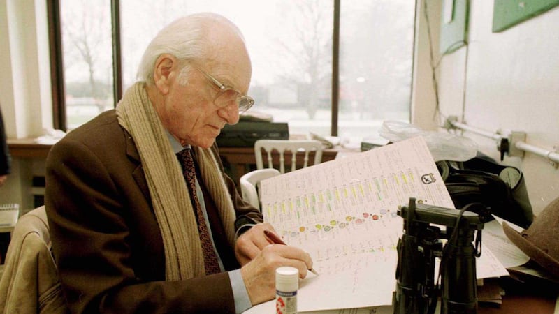 BBC racing commentator Peter O’Sullevan preps for the 1997 Grand National before the race was postponed. Photograph: Inpho/Allsport