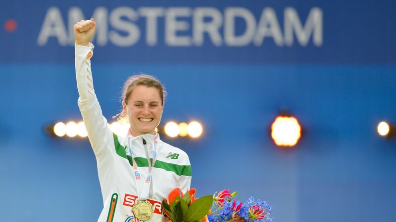 Ciara Mageean celebrates with her bronze medal in Amsterdam last year. Photograph: Karel Delvoije/Inpho