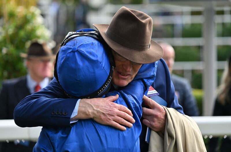 Trainer John Gosden embraces Frankie Dettori after the jockey brought home Trawlerman to victory in the British Champions Long Distance Stakes at Ascot. Photograph: Glyn Kirk/AFP via Getty Images