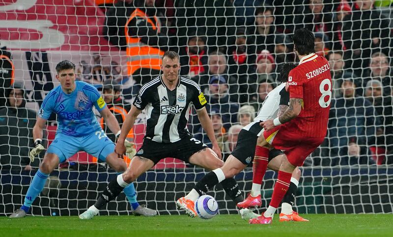 Liverpool's Dominik Szoboszlai scores his side's first goal. Photograph: Peter Byrne/PA