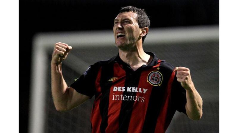 Bohemians' Jason Byrne celebrates scoring the winner against Shamrock Rovers at Dalymount Park (Photograph: James CrombieINpho)