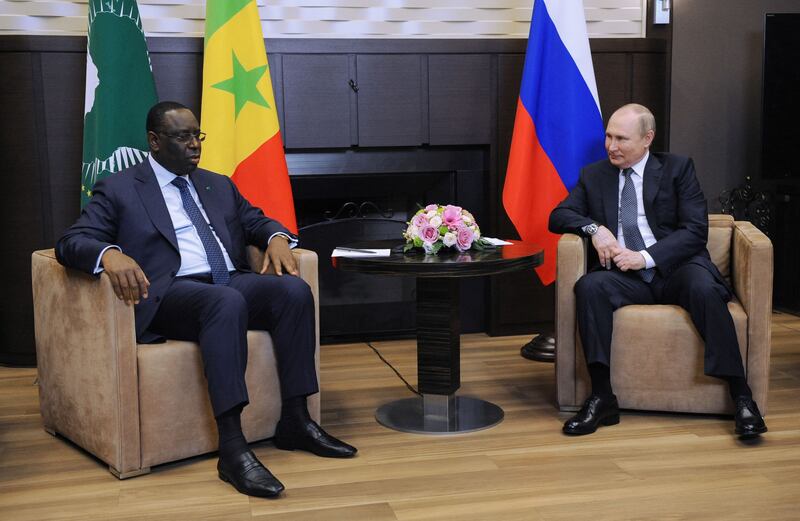 Russian president Vladimir Putin meets Senegal's president and chairperson of the African Union Macky Sall in Sochi on Friday. 