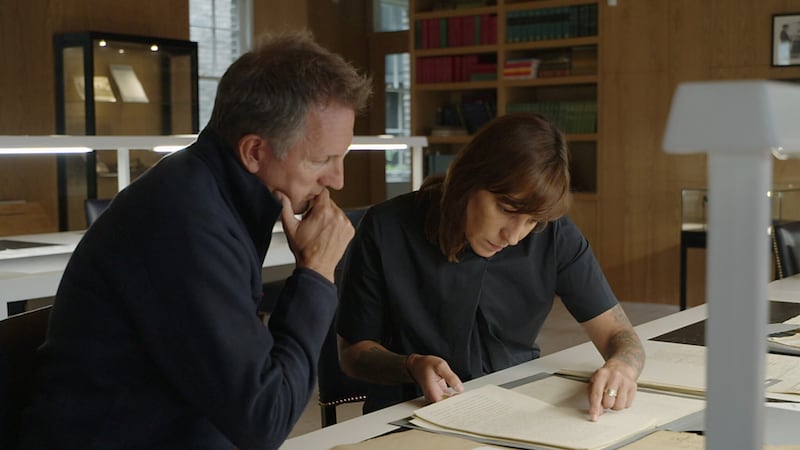 Tony Connolly, who only has a few photographs to go off, with Cecile Chémin pictured at the Military Archives, Dublin