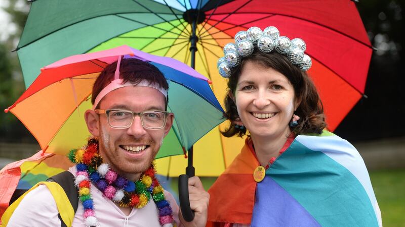 Alan James Burns and Helen Kelleher at the Trans Pride march in Dublin. Photograph: Dara Mac Dónaill / The Irish Times