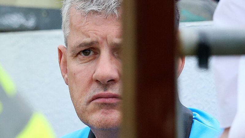 Kevin McStay watches the All-Ireland SFC Super 8 match against Donegal away from the dugout after an encounter with officials. Photograph: Tommy Dickson/Inpho