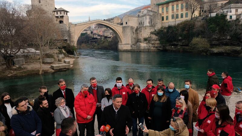 Denis Becirevic, candidate for the Social Democratic Party (SDP), addresses the media in Mostar. Bosnia’s ethnically divided southern city of Mostar is holding its first local election in 12 years. Photograph: Kemal Softic