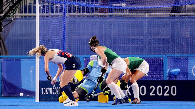 Britain’s Susannah Townsend scores a goal during the game against Ireland at the  Oi Hockey Stadium in  Tokyo. Photograph: Bryan Keane/Inpho