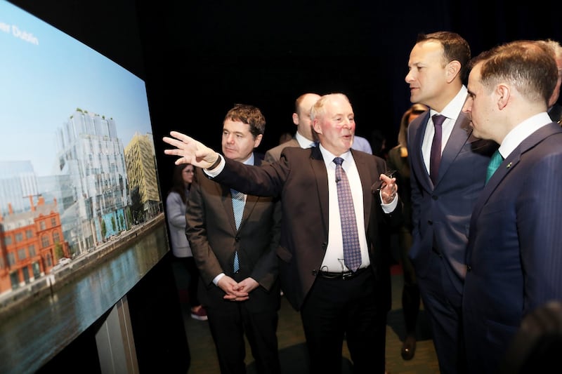 Minister for Finance Paschal Donohoe, Dr David Dempsey of Salesforce; Taoiseach Leo Varadkar and IDA Ireland CEO Martin Shanahan at the Convention Centre on Friday, as Salesforce announced its new Salesforce Tower Dublin and the addition of 1,500 jobs over the next five years. Photograph: Julien Behal