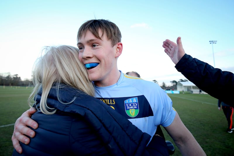 UCD's Con O'Callaghan celebrates after UCD's 2018 Sigerson Cup victory over NUIG at Santry Avenue, Dublin. Photograph: Oisin Keniry/Inpho 