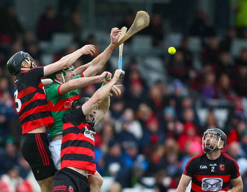 Ballygunner’s Philip Mahony and Barry Coughlan challenge Loughmore-Castleiney’s Noel McGrath at Walsh Park. Photograph: Ken Sutton/Inpho