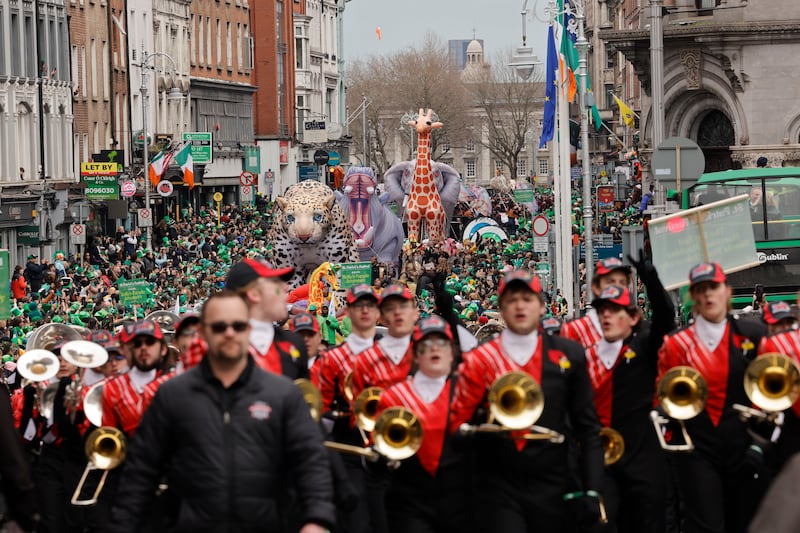 The 2025 St Patrick's Day Festival parade makes its way down Dame Street in Dublin.  Photograph: Alan Betson