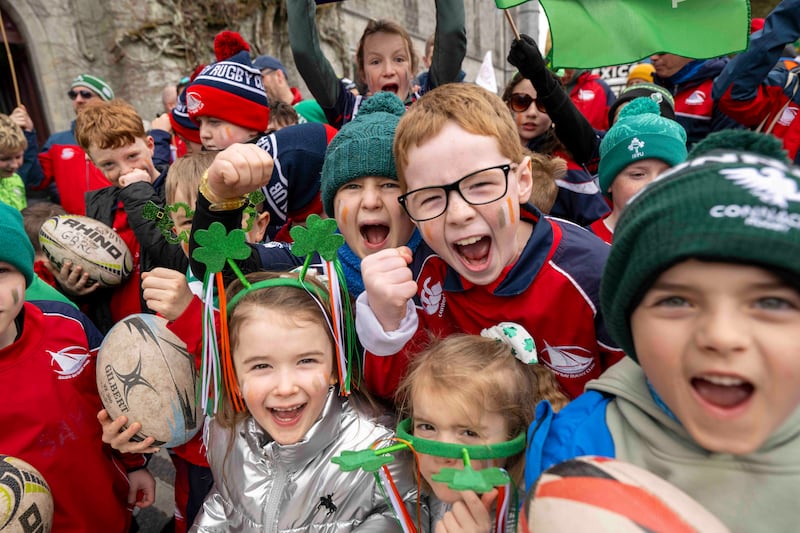 Rugby players togged out for Galway Bay Rugby Club to parade in the St. Patrick Day parade at the University of Galway. Photograph: Andrew Downes/xposure