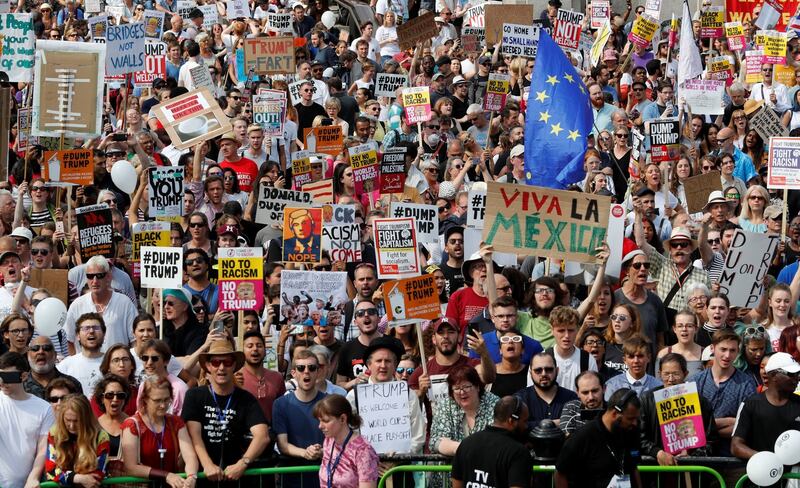 Demonstrators taking part in an anti-Trump protest in central London on Friday. Photograph:  Yves Herman/Reuters