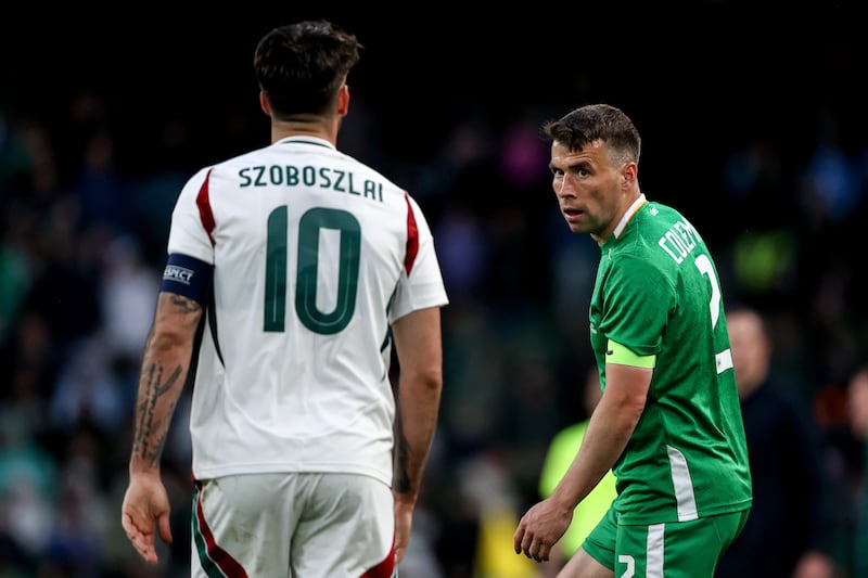 Hungary's Dominik Szoboszlai with Seamus Coleman of Ireland during an international friendly at the Aviva Stadium on June 4th, 2024. Photograph: Ben Brady/Inpho