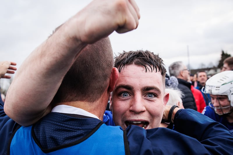 Sarsfields' Shane O'Regan celebrates after beating Slaughtneil in the All-Ireland Senior Hurling Club Championship semi-final on December 15th, 2024. Photograph: Ben Brady/Inpho