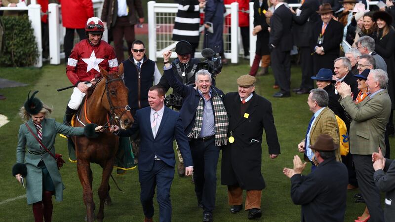 Balko Des Flos ridden by Davy Russell  in the winner’s enclosure with Michael O’Leary after victory in the Ryanair Chase at Cheltenham. Photograph: Michael Steele/Getty Images