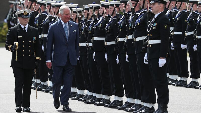 Prince Charles inspects guard of honour during a visit to the Naval Base in Cork. Photograph: Steve Parsons/PA Wire