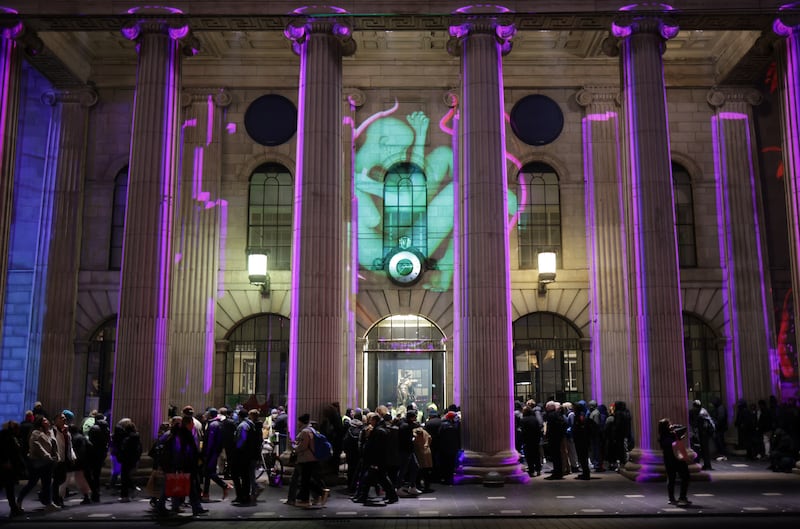 People line up for the Muslim Sisters of Éire soup kitchen at the GPO on Friday. Photograph: Chris Maddaloni